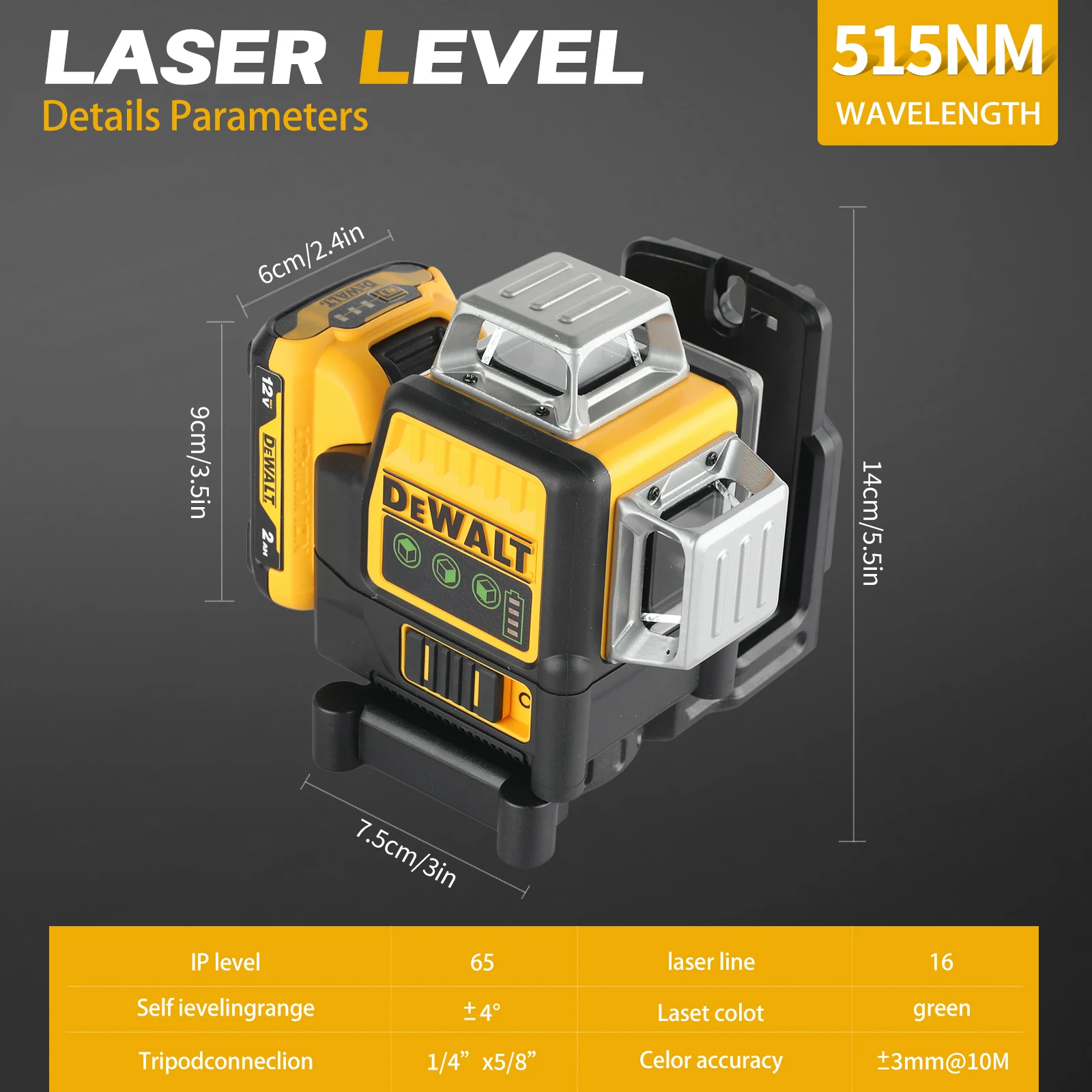 2025 Dewalt DW089LG 12 Wire 3-sided 360 Degree Vertical 12V Lithium Battery Laser Level