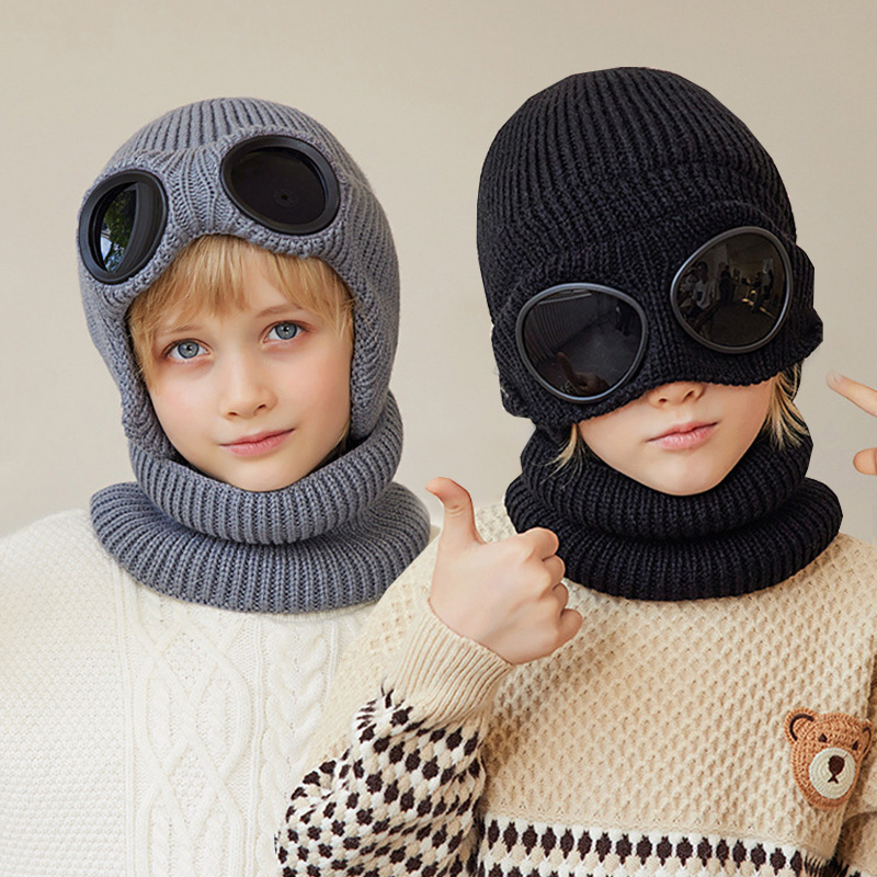 Gorro de invierno para niños de esquí, conjunto de bufanda, gorro tejido para niños con gafas, protección para los oídos, gorros para niñas y niños de 4 a 10 años