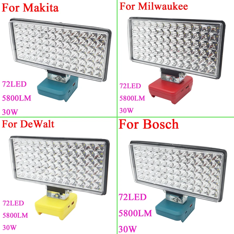 72 светодиода, рабочий фонарь, фонарик типа C, USB Power Bank для Makita, DeWalt, Bosch, Milwaukee, 18 В, 20 В, литий-ионный аккумулятор