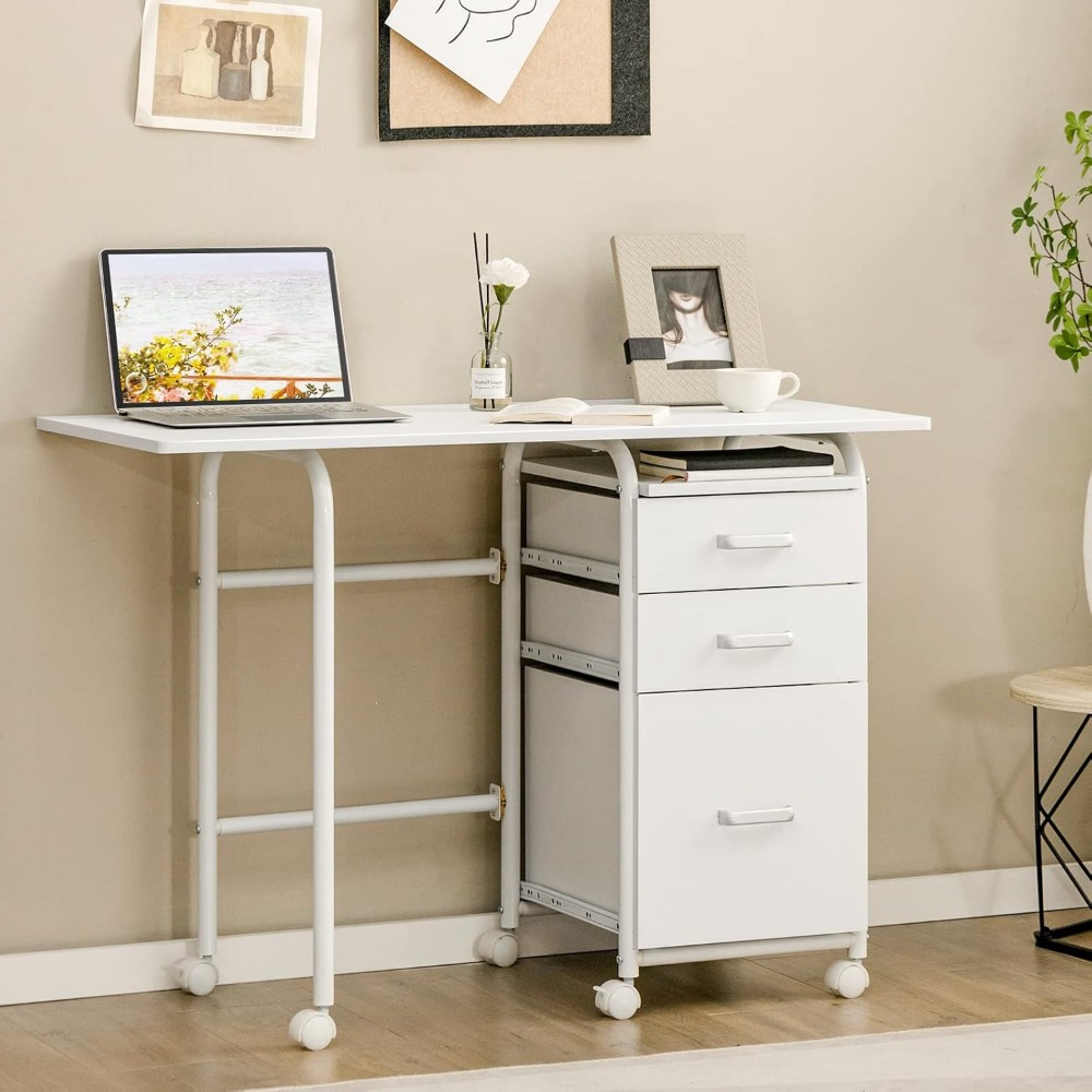 White Folding Desks with 3 Drawers, Mobile Home Office Desks Study Writing Desk with Smooth Wheels, Space Saving Compact Desk