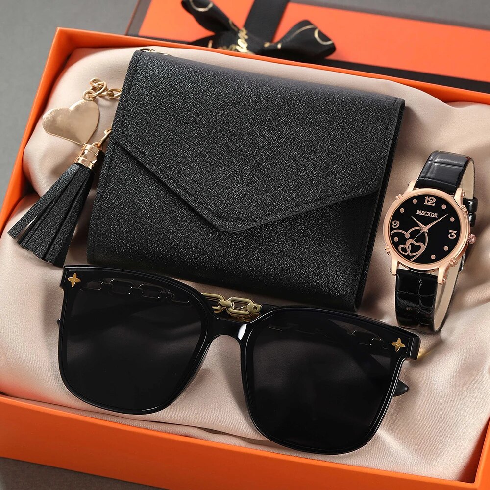 Relojes con correa de cuero a la moda para mujer y cartera de mariposa, conjunto de gafas de sol, relojes de pulsera de cuarzo para mujer, reloj de vestir para mujer