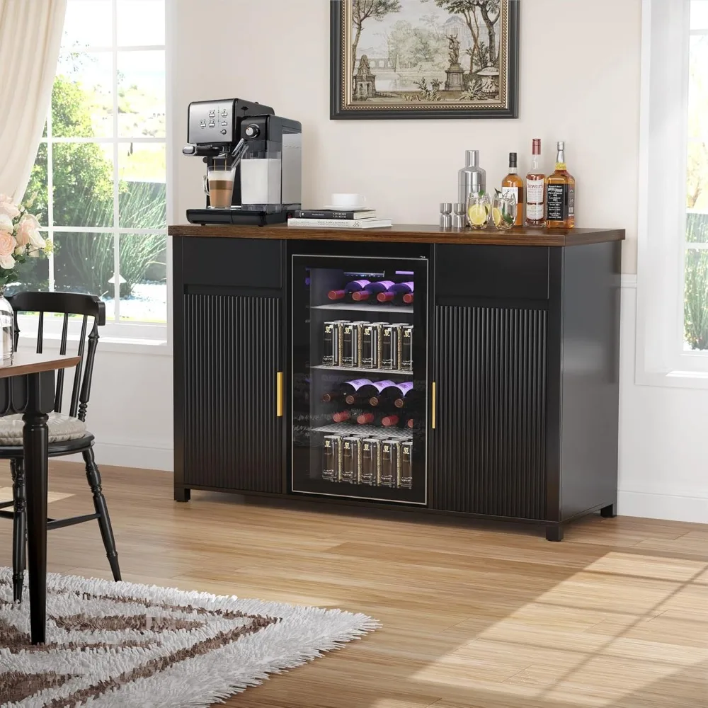 Large Coffee Bar Cabinet with Fridge Space, Mini Fridge Cabinet with Wine Storage, Buffet Sideboard Table for Home, Fluted Mode