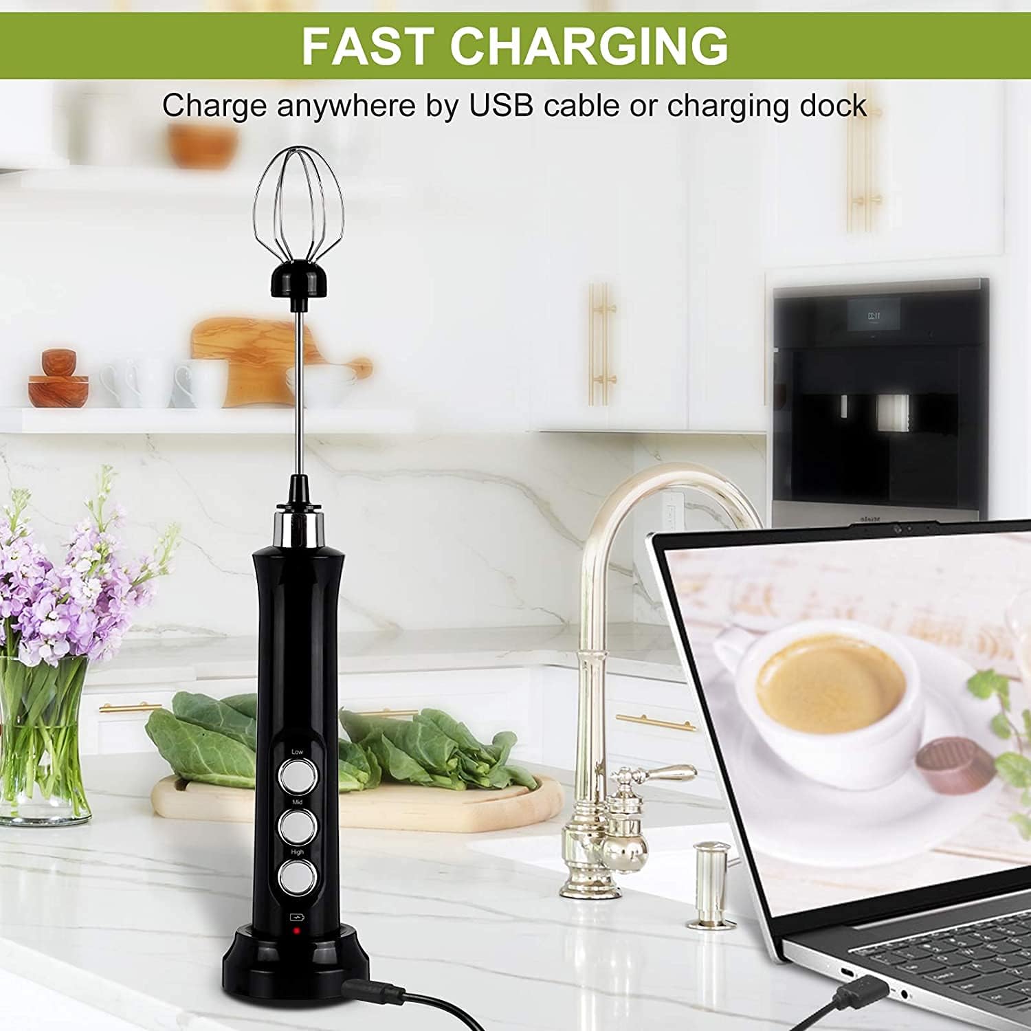 Montalatte elettrico ricaricabile senza fili-3 velocità, creatore di schiuma portatile per Latte, Cappuccino, cioccolata calda-ricarica USB