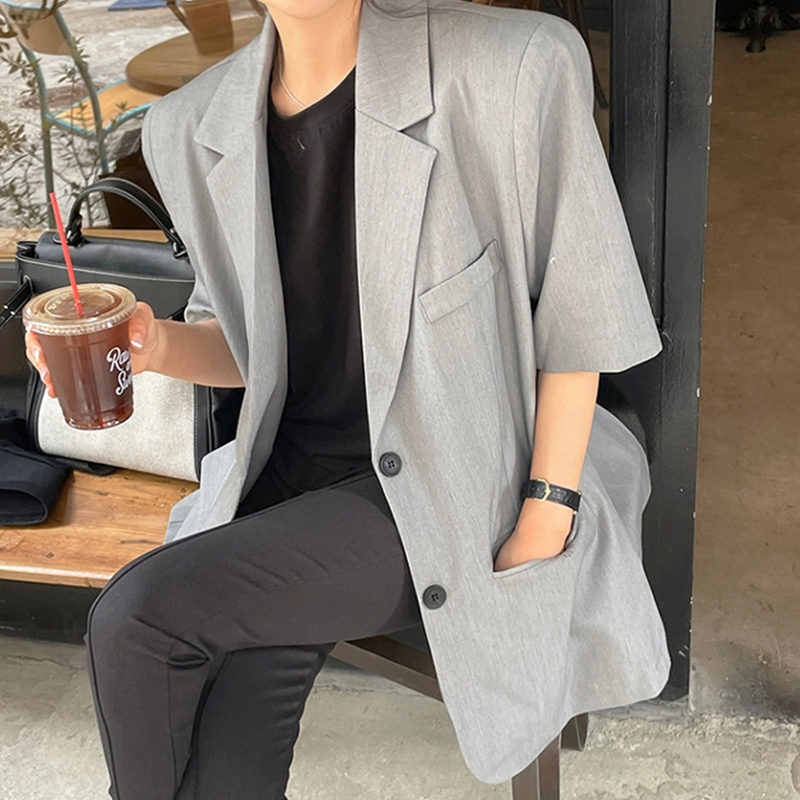 Jaqueta de Terno mata Retro com Design de Costas Abertas e Manga Curta Solta Estilo Versátil Chic Casual para Mulheres