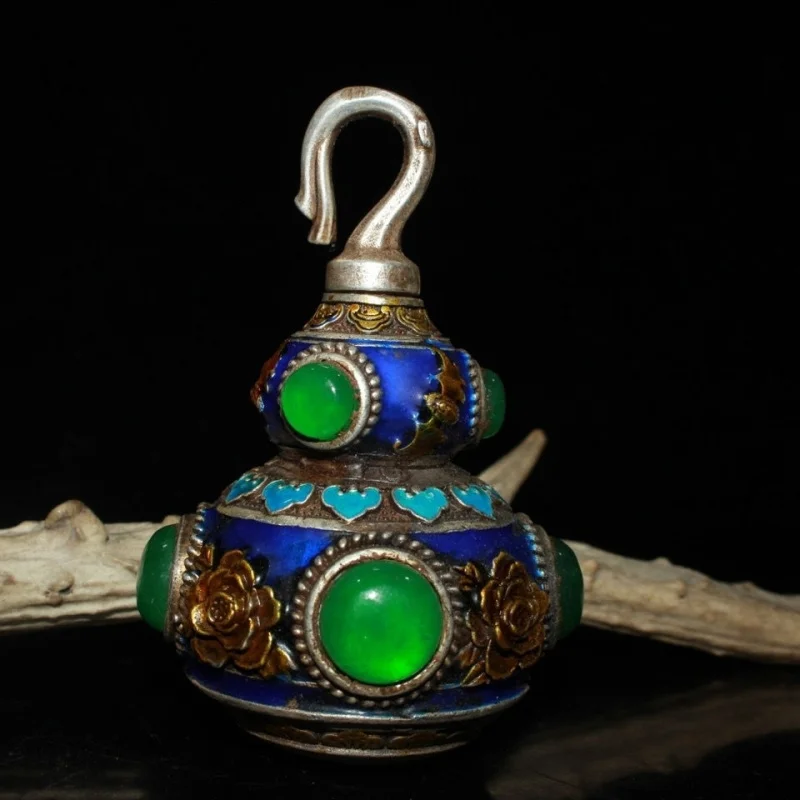 Coleção inicial incrustada jade banhado a ouro puro branco cobre cabaça garrafa de rapé ornamento fino acabamento a condição é como mostrar