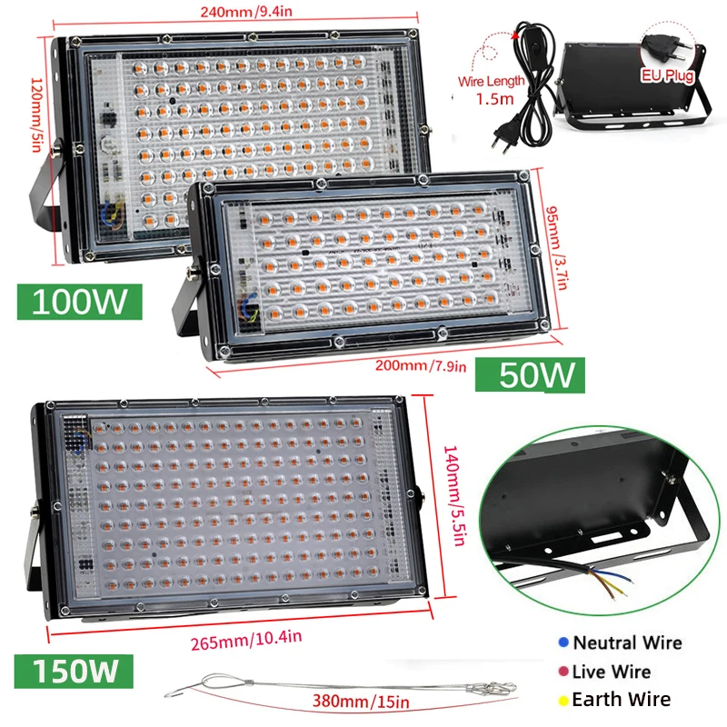 Espectro completo conduziu a planta cresce a luz ac220v 50/100/150/200w com interruptor para plantas hidropônicas de efeito estufa luz de crescimento de sementes de flores