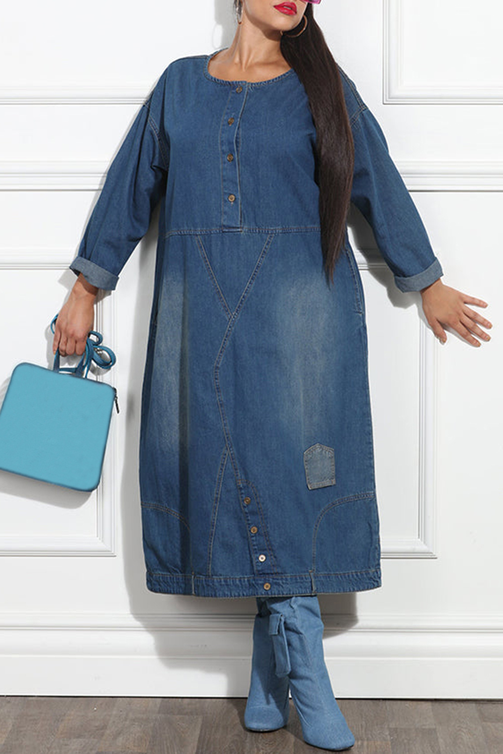 Plus Size Daily Blue Round Neck Long Sleeve Pocket Denim Midi Dresses for Women 2025