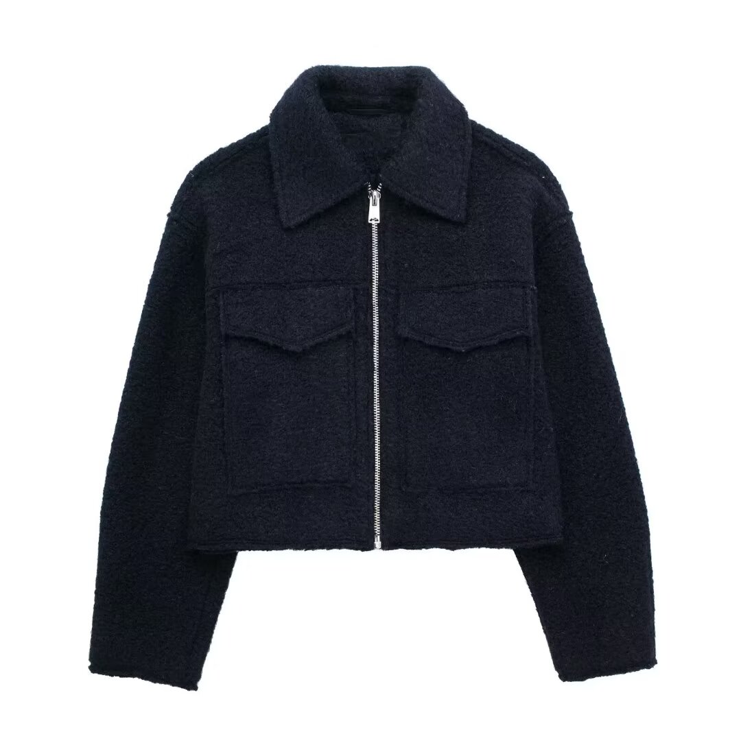 Duoperi-Jaqueta feminina cortada em lã, gola de lapela, mangas compridas, moda chique, casual, curta, moda feminina, inverno, outono