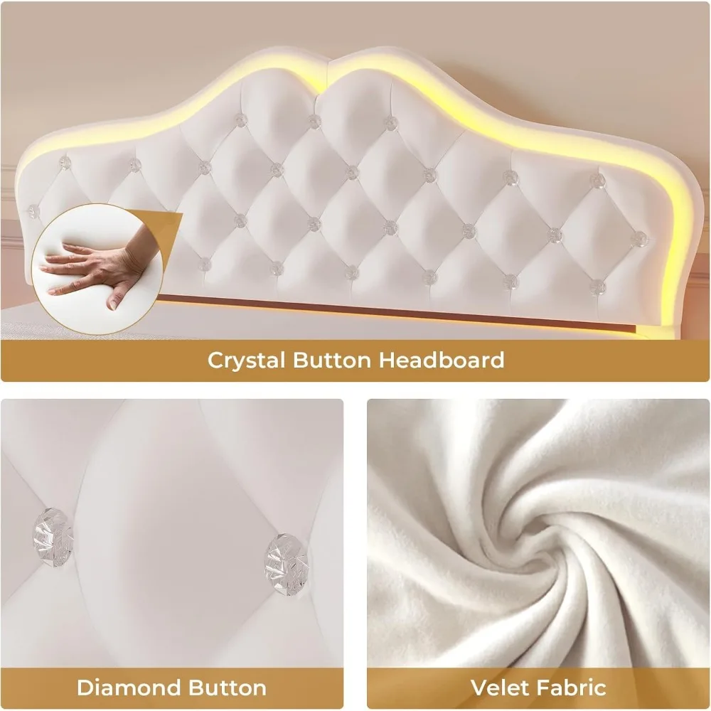 Full Bed Frame with RGB LED Lights, Princess Bed Frame with Adjustable Crystal Button Headboard, Velet Upholstered Platform Bed