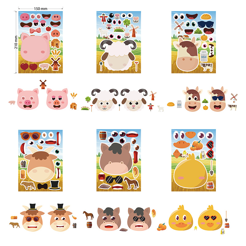 6 枚/セット家畜組み立てステッカー子供 DIY メイク動物表情ステッカークリエイティブおもちゃギフト