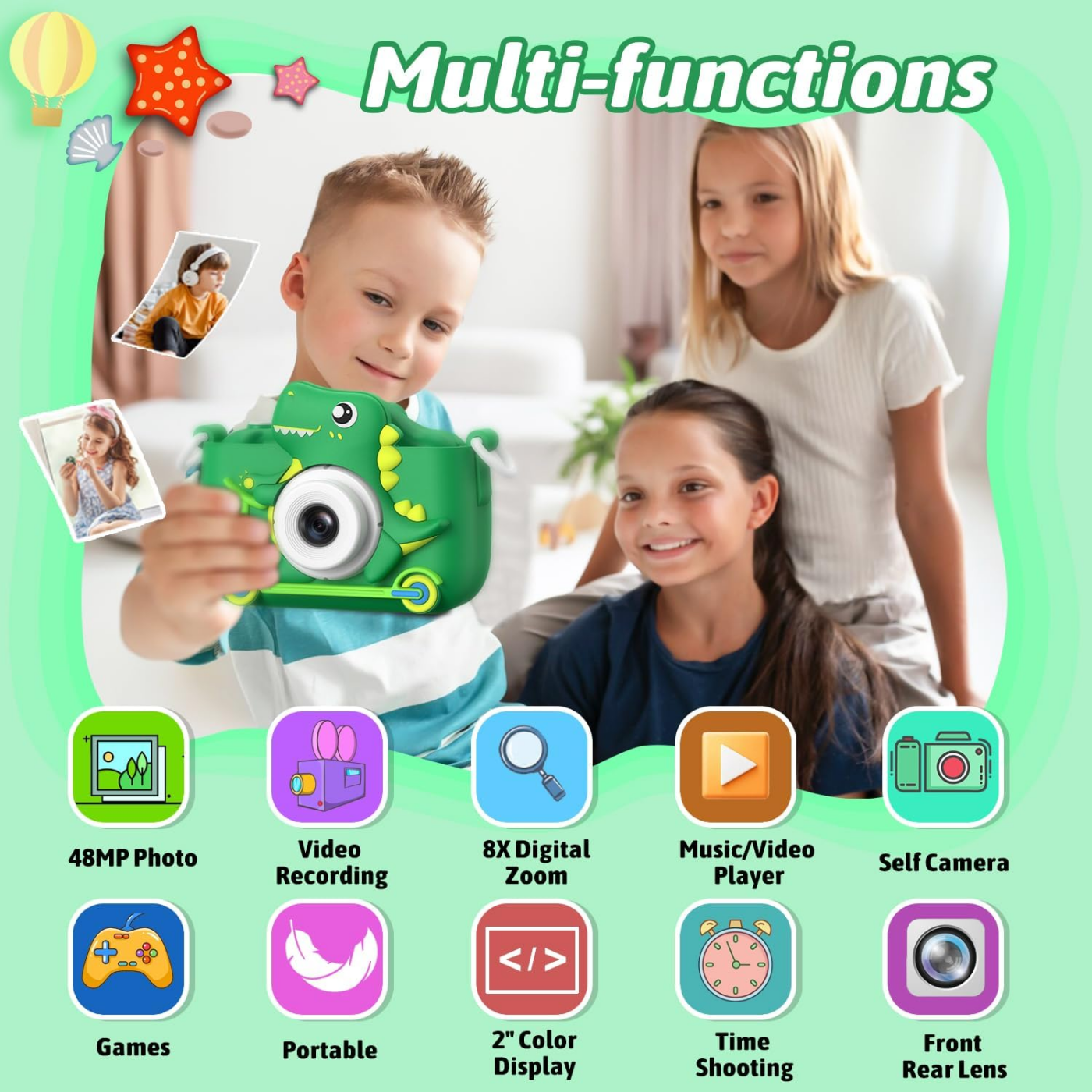 Câmeras infantis INOCTI, série de dinossauros, câmera infantil, câmera de vídeo digital para crianças pequenas, brinquedos para presentes de aniversário de Natal