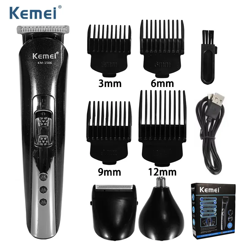 Kemei KM-1506 3 in 1 전기 머리 깎기 USB 충전 면도기 충전식 코 머리 트리머 전문 면도기