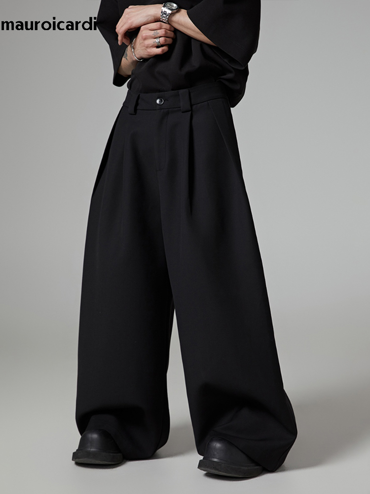 Mauroicardi Frühling Herbst Übergroße lange schwarze fließende Baggy-Hose mit weitem Bein für Herren Streetwear Lose lässige weiche Hose 2024