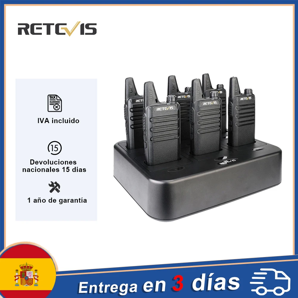 Retevis RT622 Walkie Talkie 6 piezas PMR FRS con cargador multibanda de 6 vías para hotel y restaurante