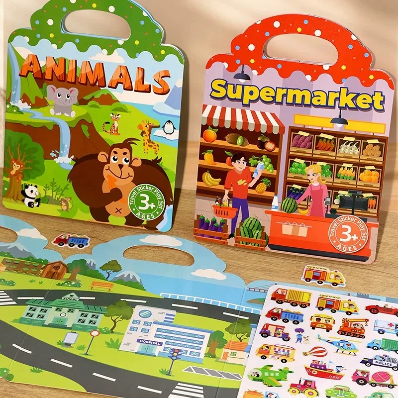 Libro de pegatinas reutilizable para niños, vehículos, camiones, pegatinas de burbujas multitemáticas, pegatinas de gelatina, juguetes educativos de aprendizaje para niños