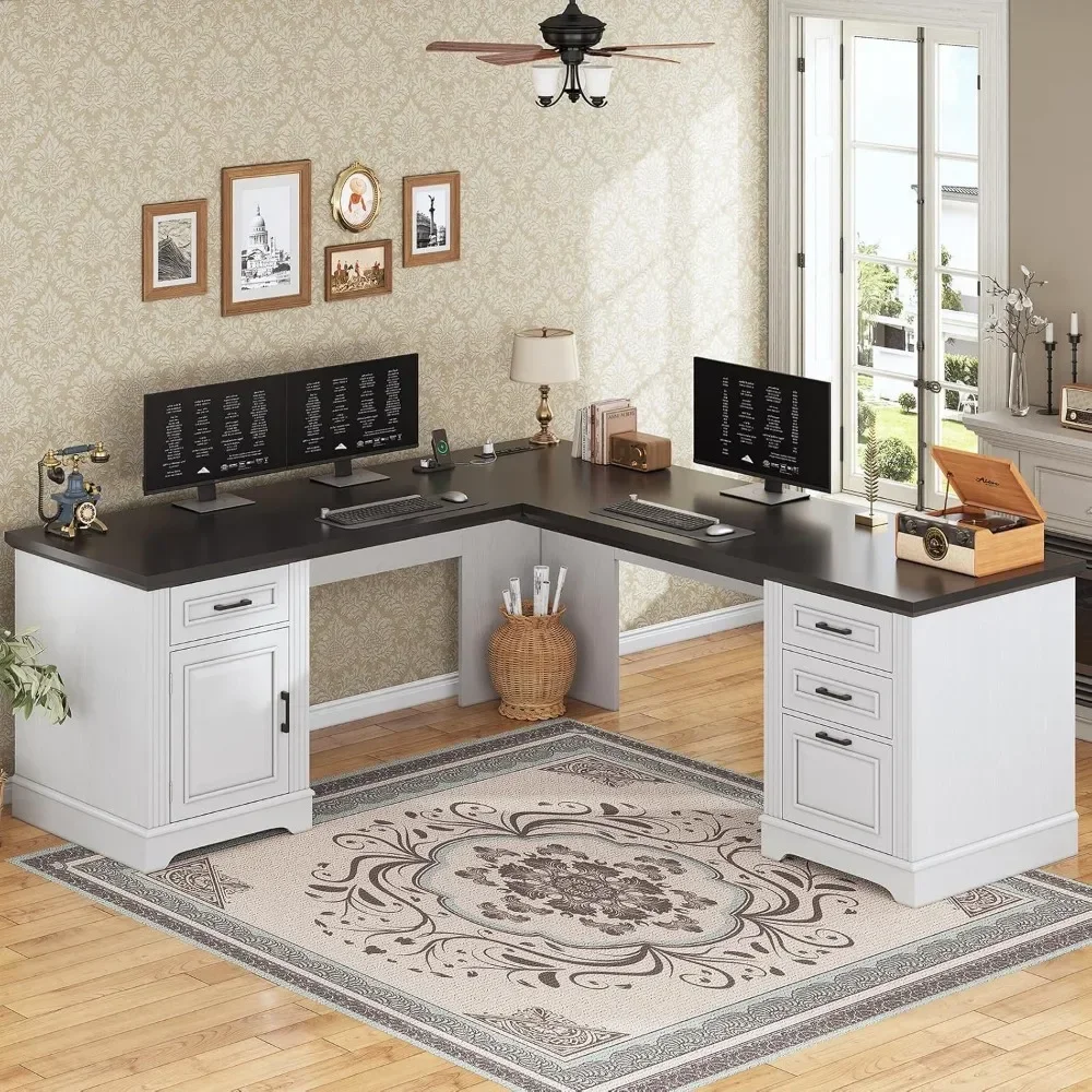 69" Executive L Shaped Desk, Home Office Desk with Drawers and Storage Cabinet & Power Outlet, Corner Computer Desk