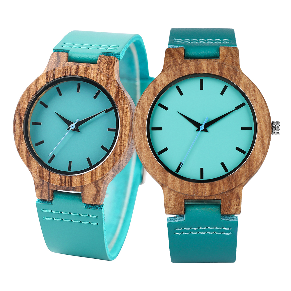 นาฬิกาควอทซ์หนังแท้สีฟ้าที่ไม่ซ้ำใครนาฬิกา zebrawood แบบเรียบง่ายแฟชั่นสำหรับผู้หญิงนาฬิกาข้อมือคู่ของขวัญครบรอบ