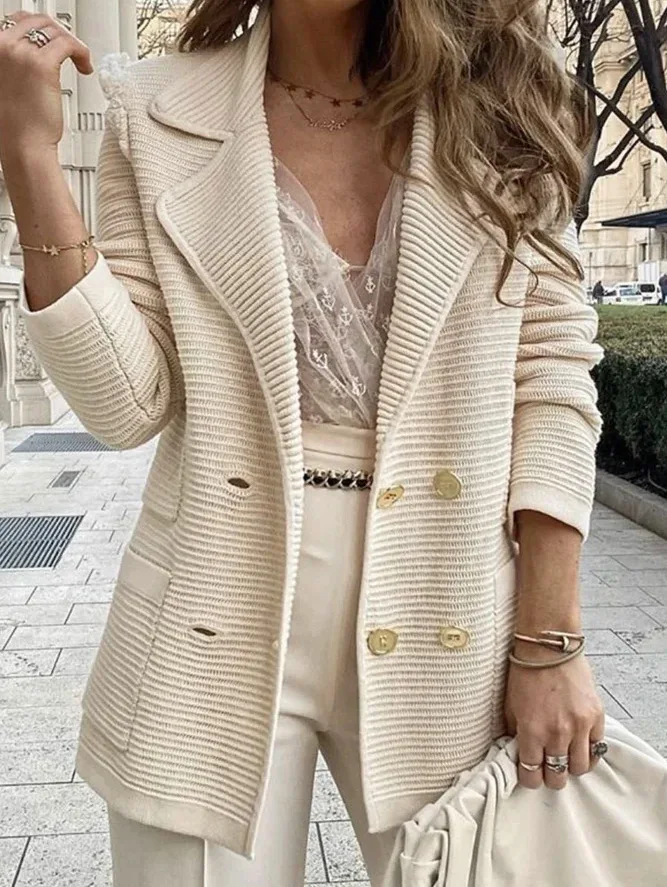Áo Đôi Nút Đồng Màu Thu Đông Áo Khoác Blazer Thời Trang Dài Tay Áo Khoác Cardigan