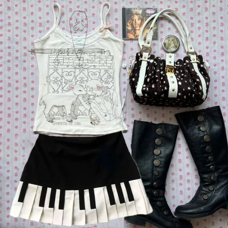 Vintage Y2k Nero Bianco Piano Gonna Donna Design Hepburn Estate Harajuku Minigonna Moda femminile Hot Girl Nuovo abbigliamento retrò