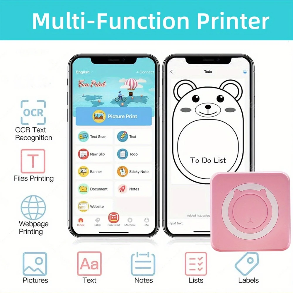 Mini Impressora Térmica Compatível com IOS e Android, Impressora de etiquetas sem fio, BT portátil