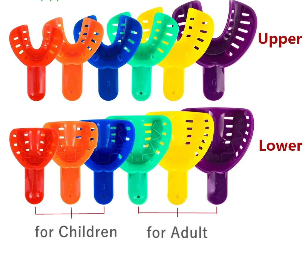 12 stuks tandheelkundige afdruklepels laboratoriumset kunststof volwassenen en kinderen meerkleurige bovenste onderkaak voor nauwkeurig gieten tandartsbenodigdheden