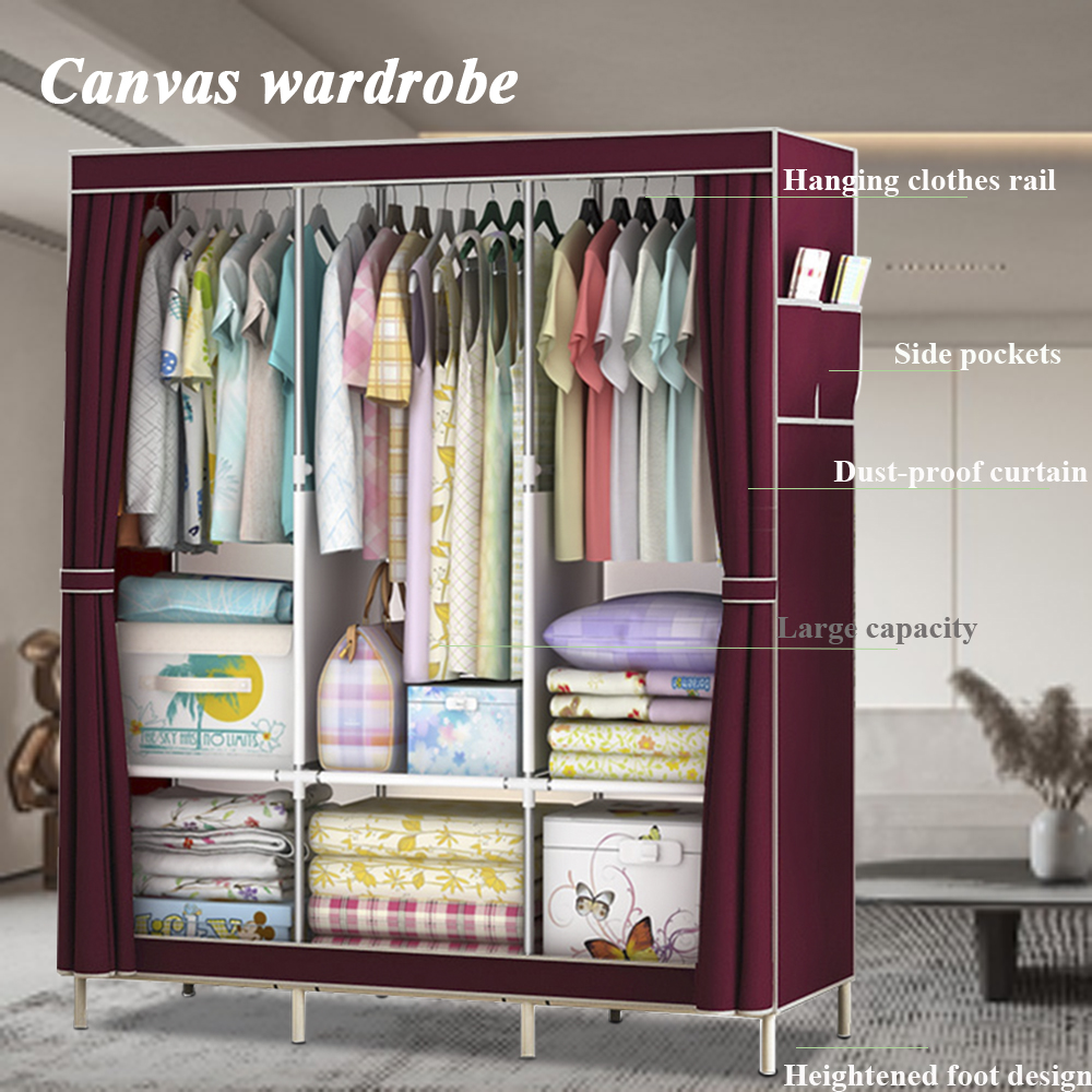 Canvas Wardrobe 170x125x45cm, Wardrobes for Bedroom,with 3 Hanging Rails and 3 storage compartments,13mm Tubes Fabric Closet,Red