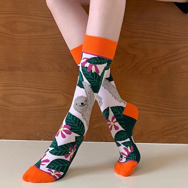 Calcetines coloridos de moda para primavera y otoño para mujer, calcetines de algodón con diseño de erizo y perezoso, calcetines rectos con personalidad a la moda