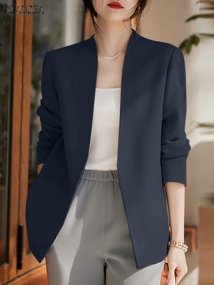 ZANZEA-blazer em cardigã com gola V para mulheres, roupas de trabalho, jaquetas casuais, manga comprida, casacos finos, roupas monocromáticas, moda, outono