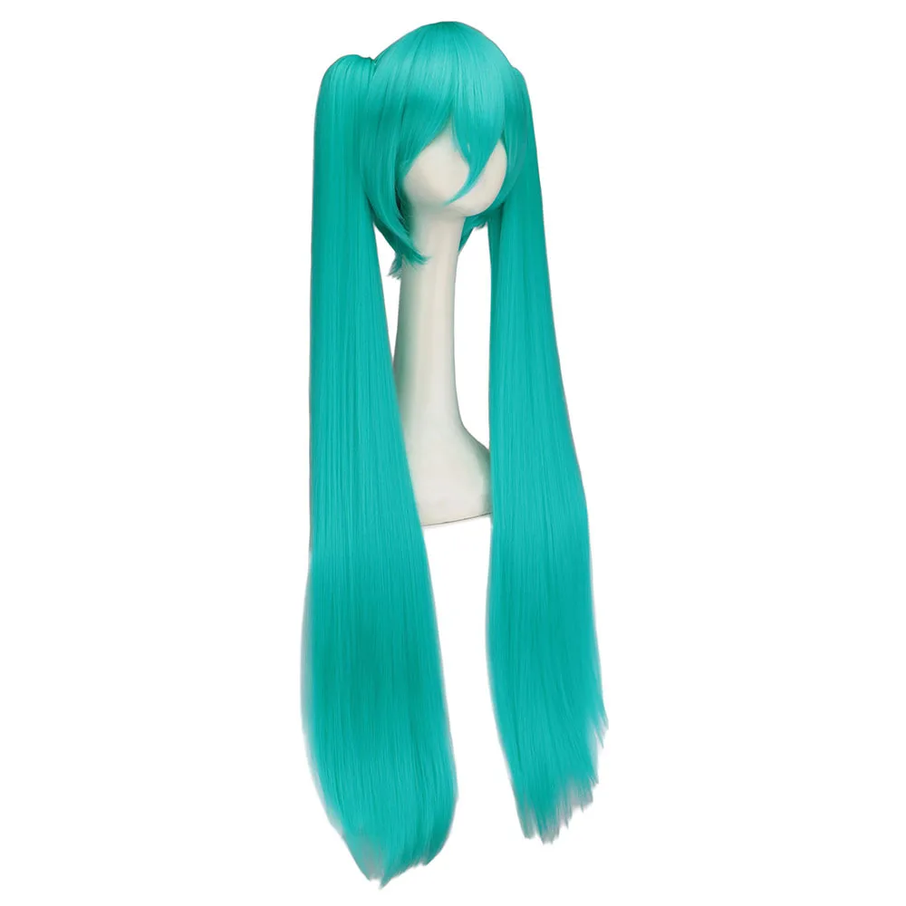 WHIMSICAL W cheveux synthétiques Miku Cosplay longue perruque vert résistant à la chaleur perruques de fête avec 2 clips queue de cheval perruques