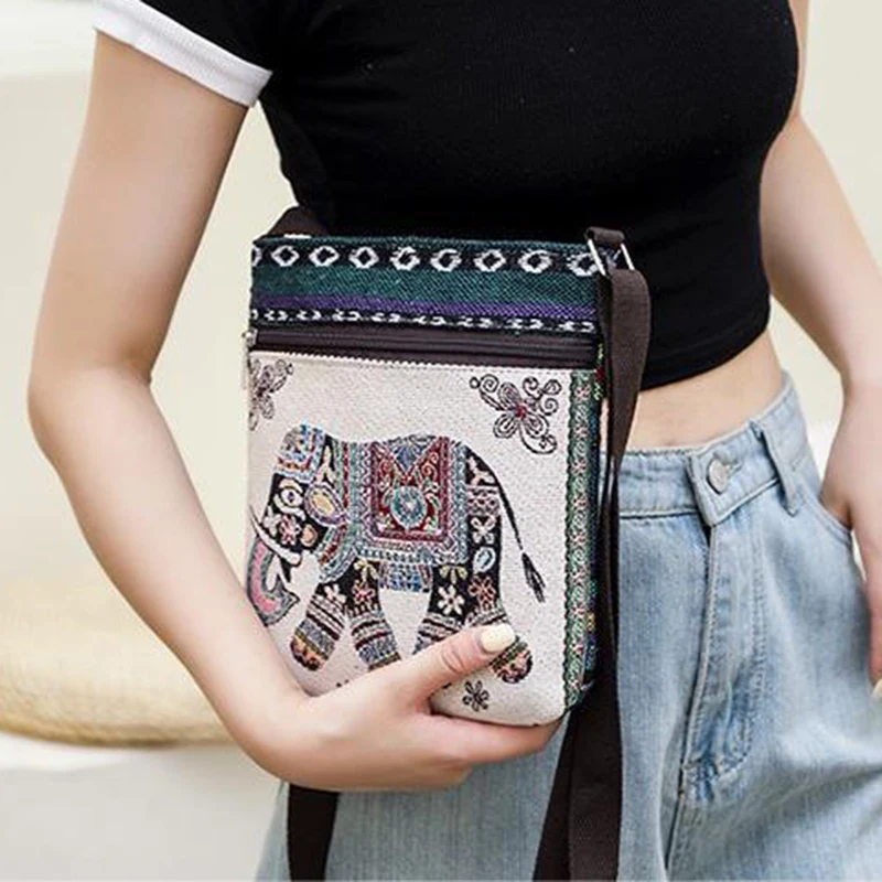 ผู้หญิงผ้าใบขนาดเล็กปักโทรศัพท์ไหล่กระเป๋า Retro สไตล์ชาติพันธุ์กลางแจ้ง Messenger กระเป๋า Crossbody