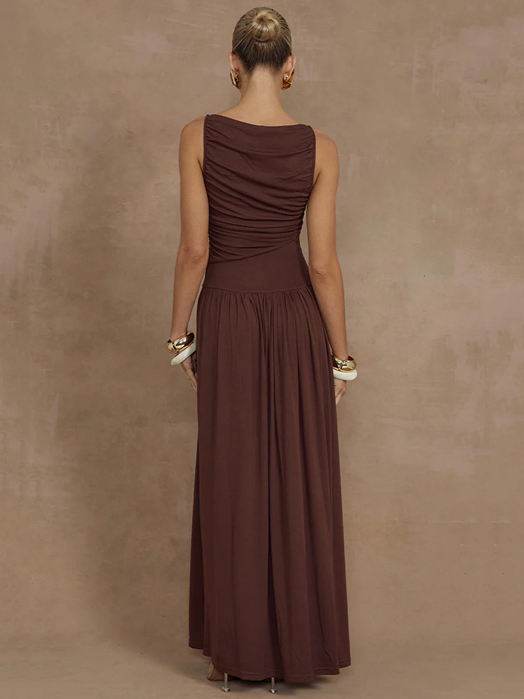 Mozision Elegantes ärmelloses Maxikleid für Damen, modisch, einfarbig, U-Boot-Ausschnitt, Tank-Kleider, Damen, sexy, gerüscht, langes Kleid, neues Kleid