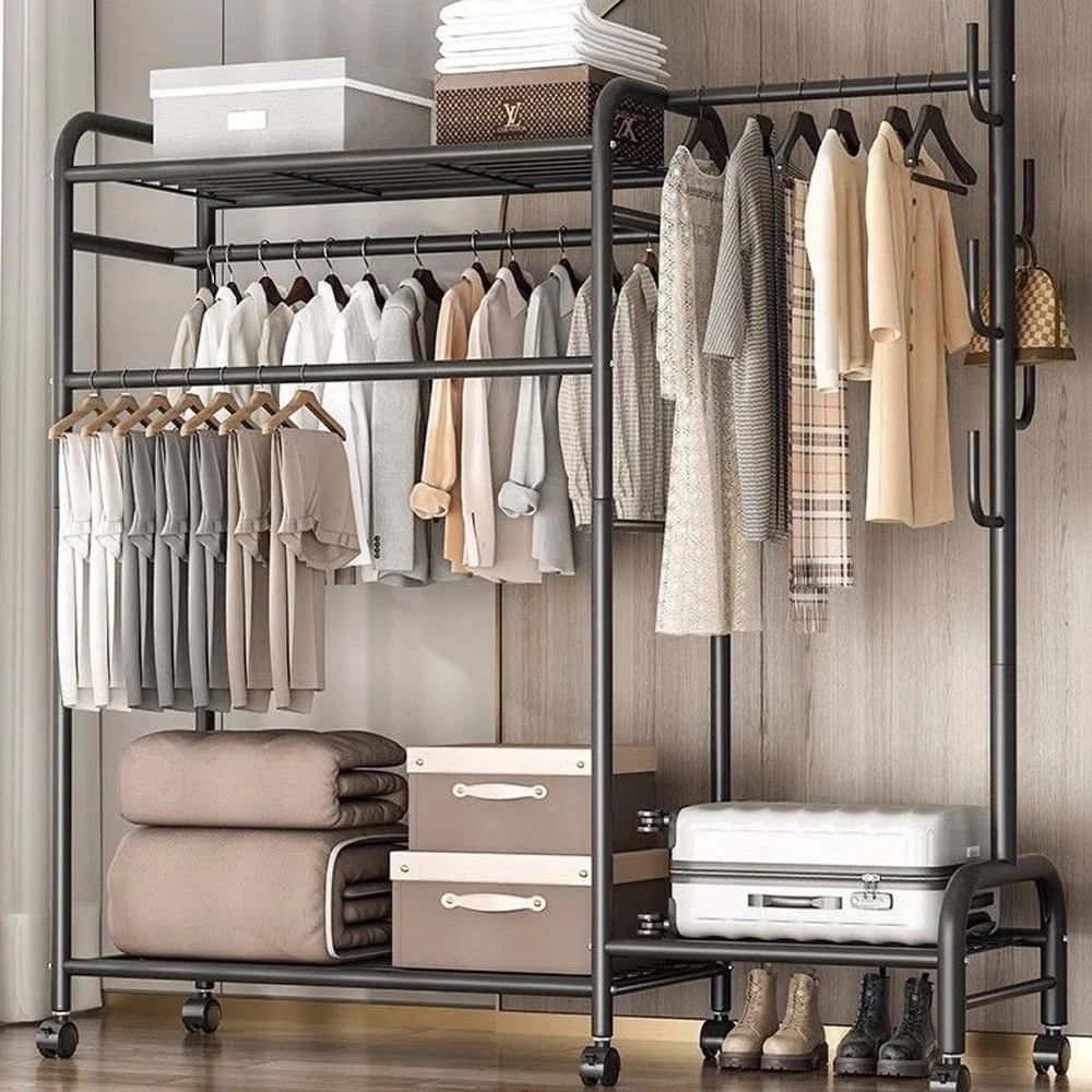 Clothes Rack Heavy Duty Coat Shelf Double-Rod Hats Clothes Rack With Hooks Hanging Clothe Organizer Floor Hangers Organizer