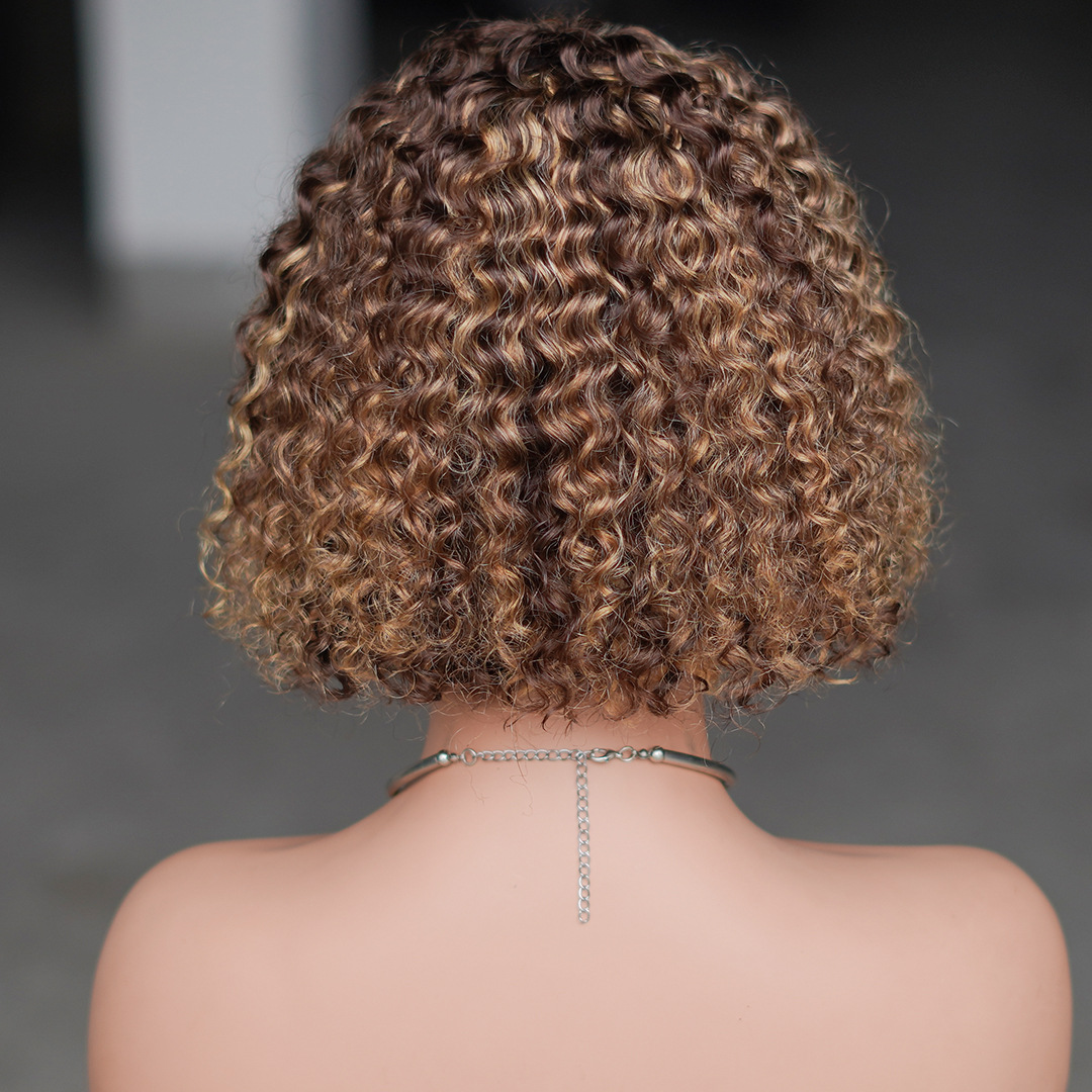 4/27# Kinky Curly Bob Wig, With Bangs Curly Pixie CutGlueless Wigs Machine Made Brazilian Human Hair Wigs, For Black Women