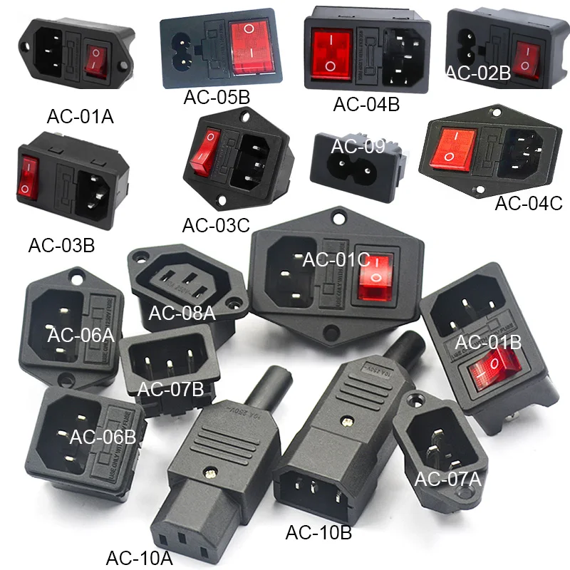 Salida de montaje por computadora 2 3 pines IEC320 C14 toma de corriente eléctrica LED 250V interruptor basculante latón 10A conector de clavija de entrada de fusible 220v
