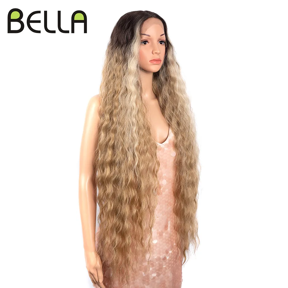 Bella 40 นิ้ว T Part ลูกไม้วิกผมสังเคราะห์ Deep WAVE วิกผมยาว Ombre สีบลอนด์สีน้ําตาลคอสเพลย์วิกผมความร้อนทนผมปลอม