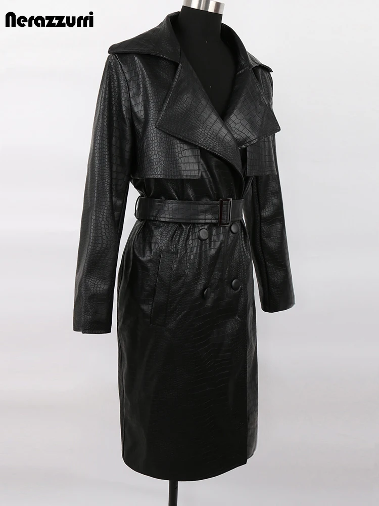 Casaco de couro com estampa nerazzurri-crocodilo para mulheres, impermeável impermeável com cinto, longo e solto, vermelho, trespassado duplo, moda, outono