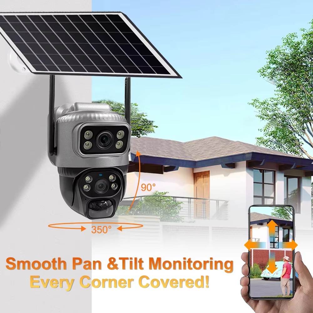 ソーラーセキュリティビデオ,暗視,防水,IPカメラ,8MP, 4Kバッテリー,CCTVモニターを備えた4GデュアルレンズV380カメラ