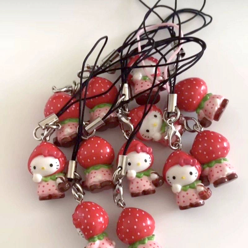 Kawaii Strawberry Holle Kitty Mobile Phone Pendant Cute Funny DIY Backpack Pendant Keychains Decoration Friend Birthday Gift
