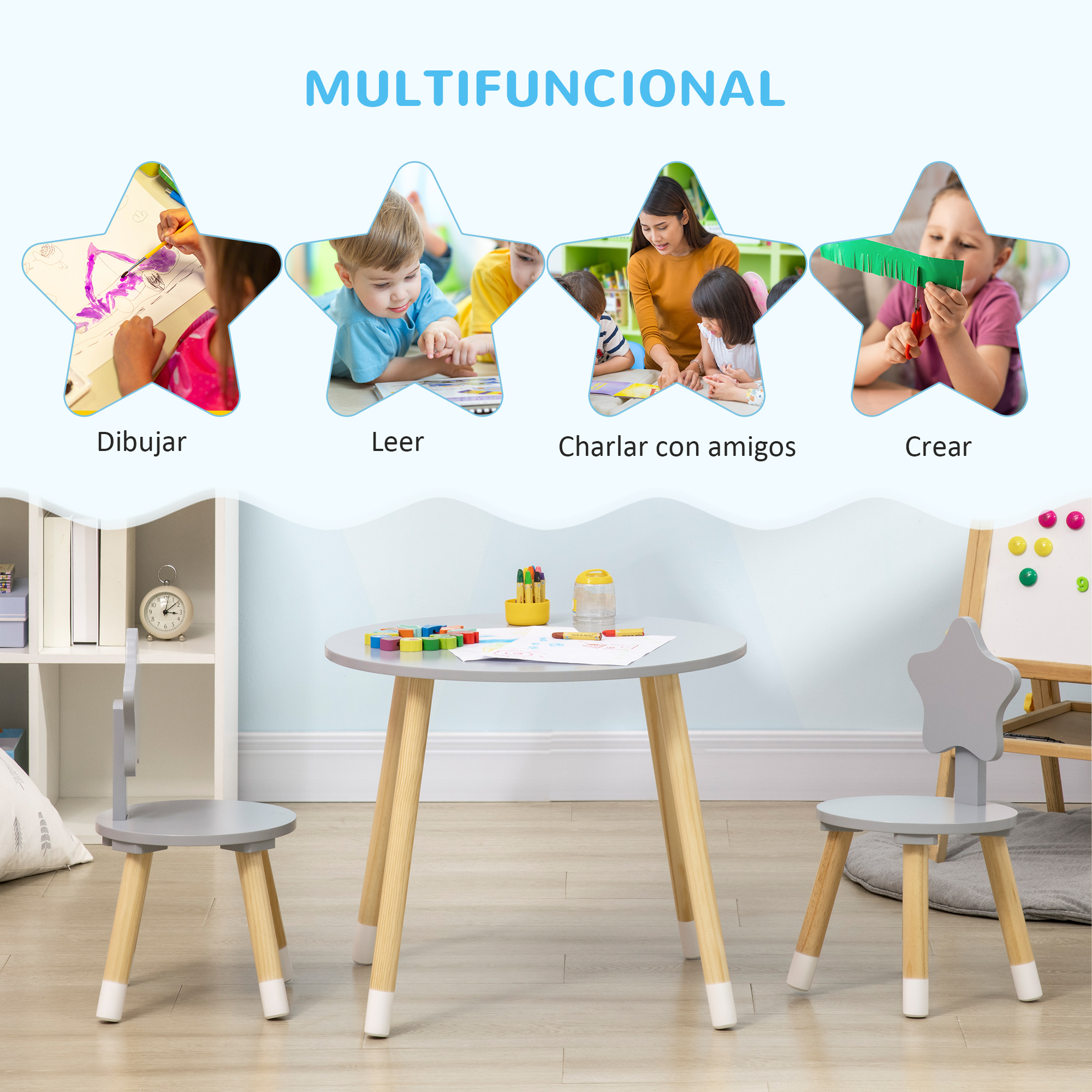 HOMCOM Juego de Mesa 2 Sillas de Madera para Niños para Sala de Juego Dormitorio