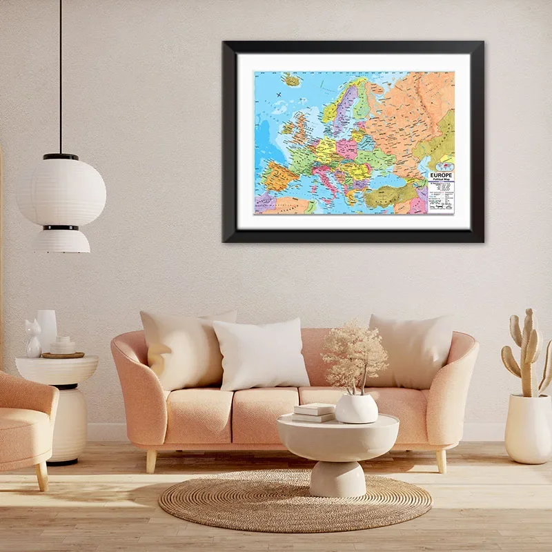 Mapa decorativo de Europa, póster de pared no tejido en inglés con pintura artística detallada, suministros escolares de viaje, decoración del hogar para el aula
