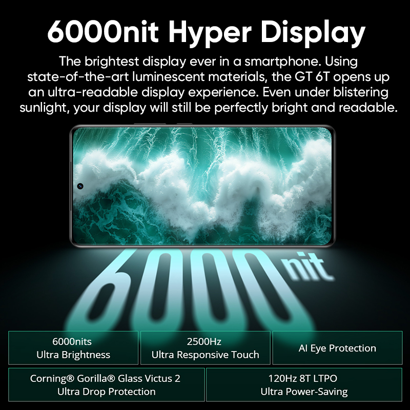 Global Version realme GT 6T 5G Smartphone 6000nit Hyper Display 120W SUPERVOOC Charge Snapdragon 7+ Gen 3 5500mAh Akku 50MP