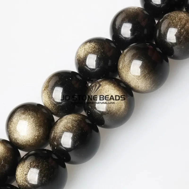 หินธรรมชาติสีทองสีดํา Obsidian ลูกปัด Shinny รอบหลวมอัญมณีลูกปัดสําหรับเครื่องประดับ DIY สร้อยข้อมือสร้อยคออุปกรณ์เสริม 15"