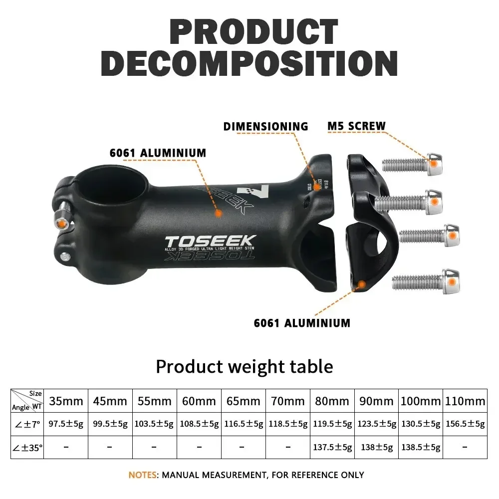 TOSEEK Bicycle Handlebar Stem 60/70/80/90/100mm MTB Stem 28.6mm 31.8mm Negative Power Mtb Lightweight Road Bike Table