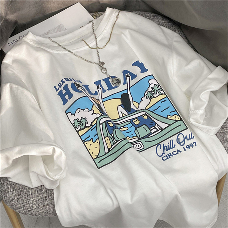 レトロアメリカンコットン半袖レディース Tシャツ夏ルーズシックトップホワイト香港スタイルトレンディラウンドネックプリント Tシャツ