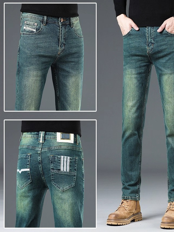 Calças Jeans Slim Fit Masculinas Verde Esmeralda Es Marca de Luxo Alta Qualidade Resistente a Manchas com Zíper na Cin...