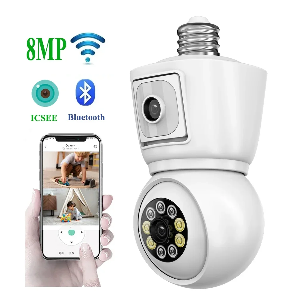 ICSEE 4K 8MP E27 bombilla WiFi cámara de doble lente pantalla Dual seguimiento automático Audio bidireccional visión nocturna en Color cámara de vigilancia de 4MP