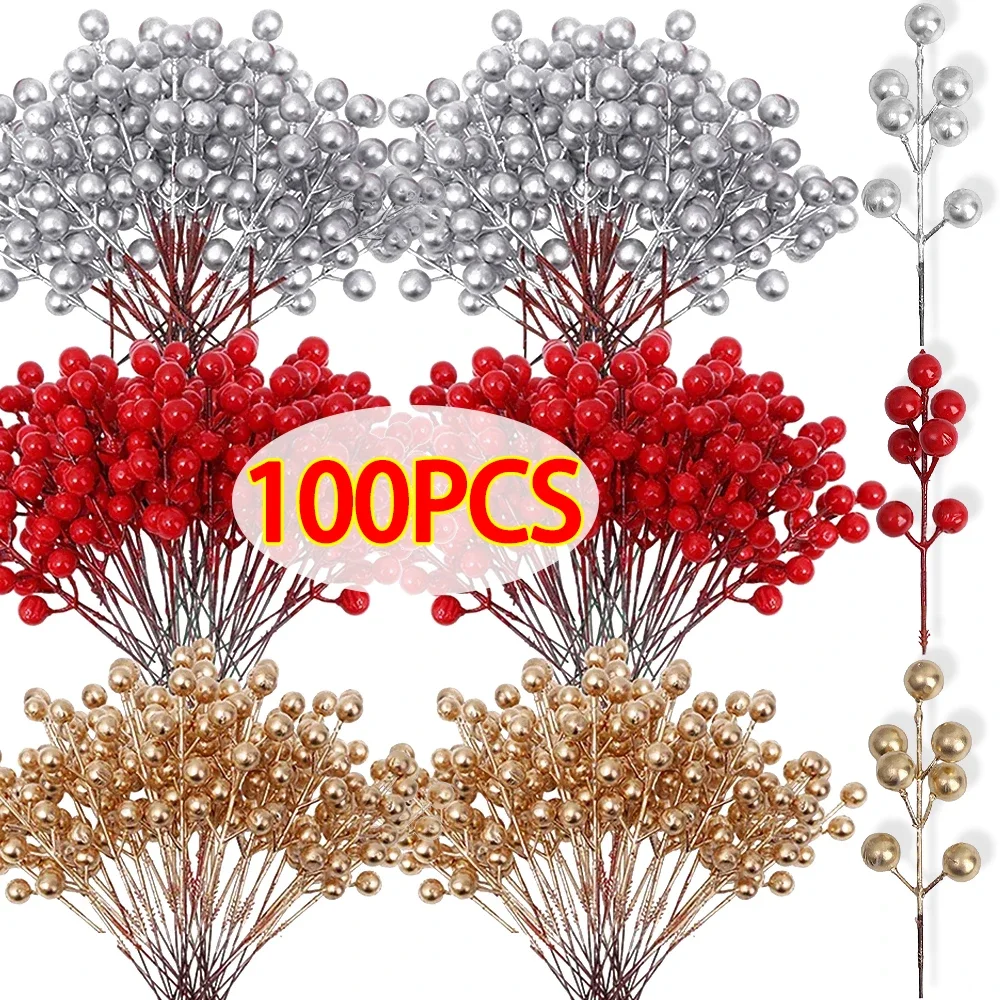 Künstliche Beeren Rot Gold Silber Gefälschte Beeren Zweig Kirsche Staubblatt Weihnachten DIY Blumenkranz Ornament Neujahr Party Dekor