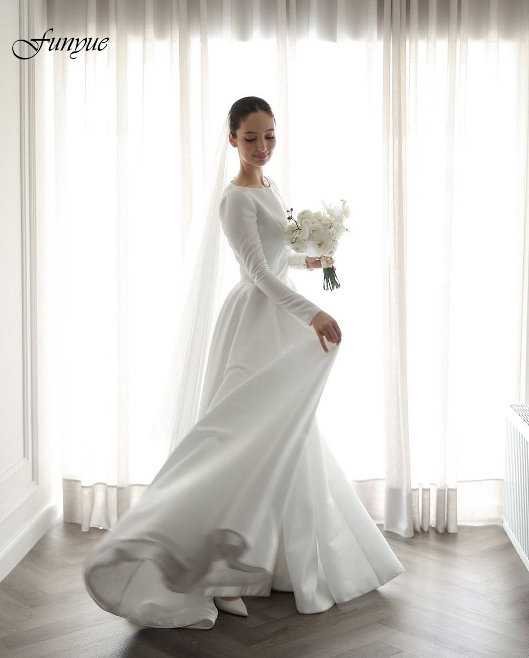 Funyue Customized Long Sleeve Wedding Dress for Bride A-Line Satin Elegant Bridal Gowns with Veils Vestidos De Novia 2026 New