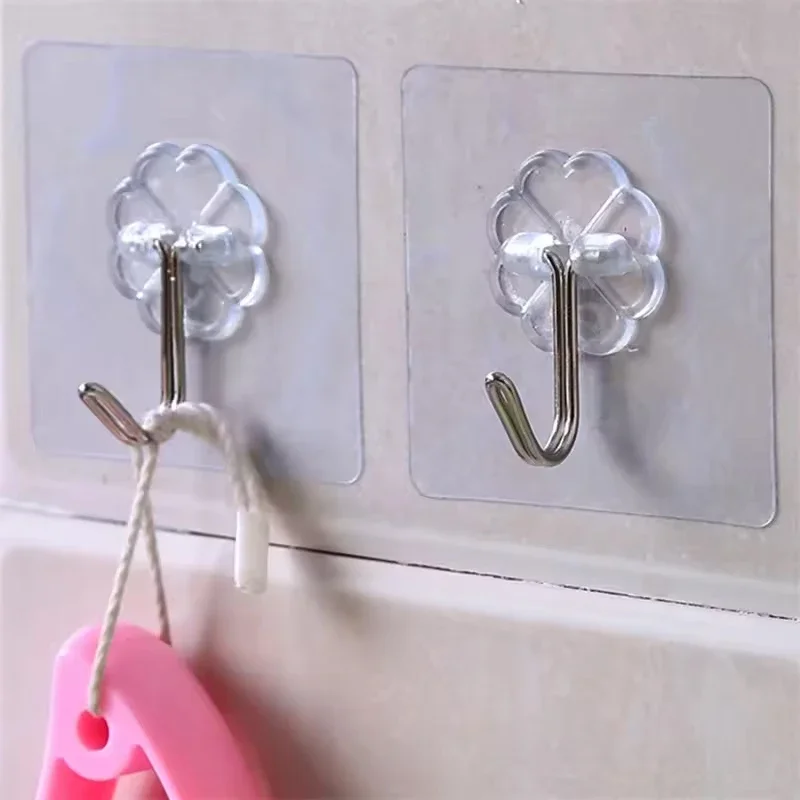 โปร่งใส Self-Adhesive Hooks ผ้าเช็ดตัวห้องน้ําเสื้อผ้าสติกเกอร์ตะขอแขวนกุญแจ Storage