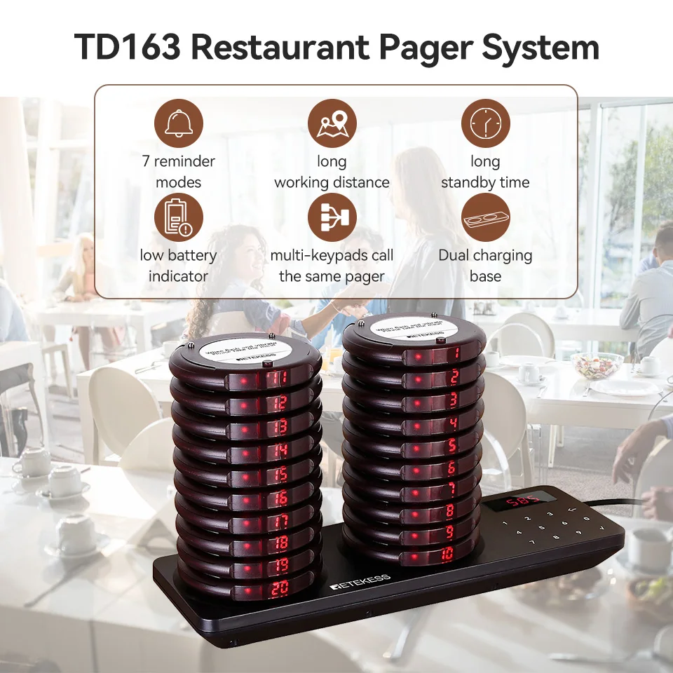 Retekess TD163 Nhà Hàng Pager Gọi Phân Trang Hệ Thống 20 Coaster Buzzers Sạc Kép Căn Cứ Cho Quán Cafe Nhà Thờ Phòng Khám Ẩm Thực